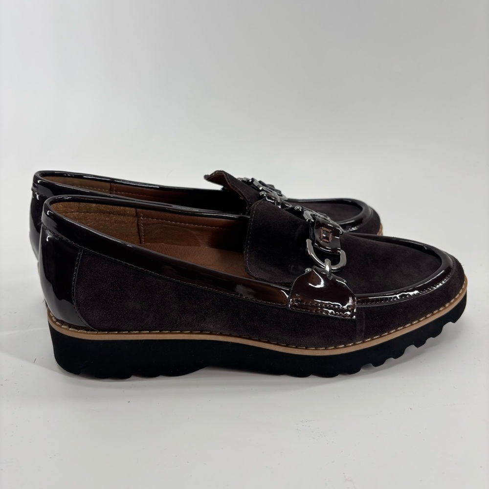Donald Pliner Clio loafers brown suede patent leather 6.5 chunky heel 90s - Picture 5 of 12